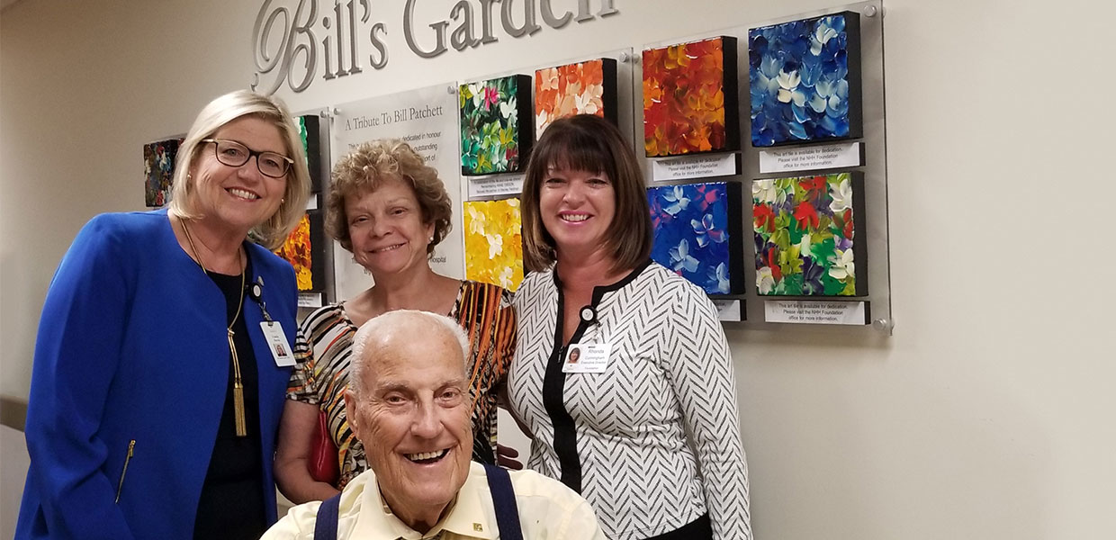 Bill and Delphine Patchett (centre) at the unveiling of Bill’s Garden September 4, 2018, with Linda Davis (left), NHH President and CEO, and Rhonda Cunningham (right), Executive Director, NHH Foundation