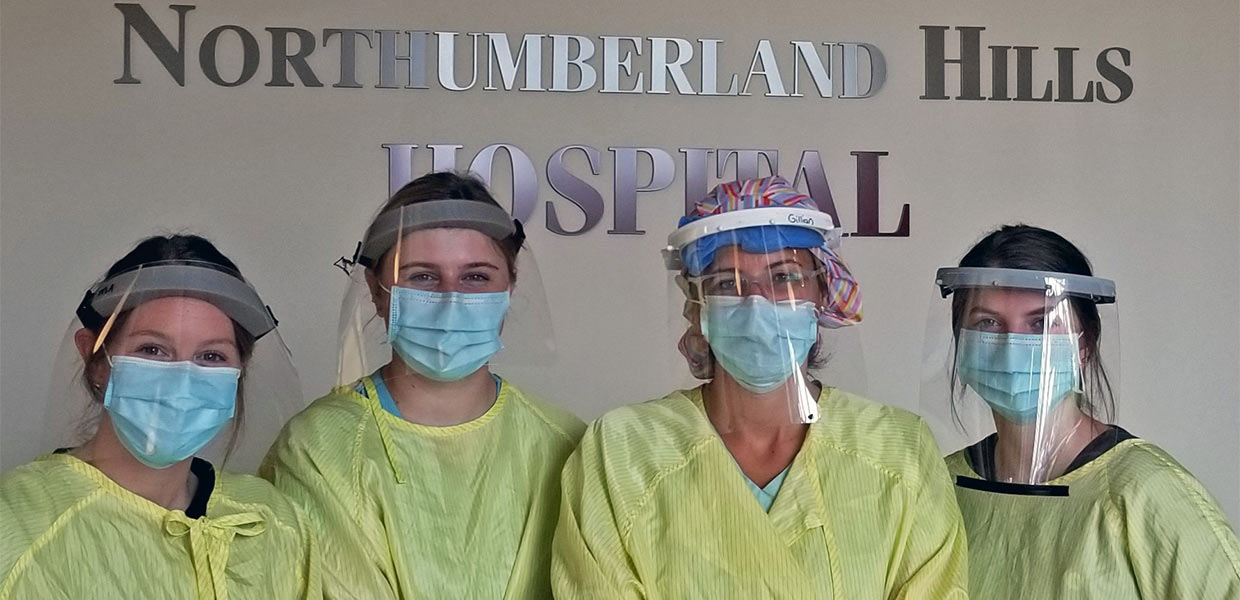 From L-R: COVID screeners McKenna Ainsworth, Rachel Moffat, Gillian Dunham (RPN) and Avery McCrory, August 28 2020