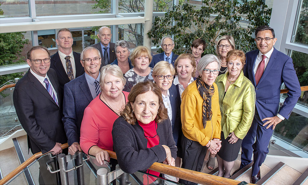 From L-R, front row: Marg Hilborn (President, NHH Auxiliary); Starr Olsen; Lynda Kay (First Vice Chair); Susan Walsh (VP, Patient Services and Chief Nursing Executive); Pam Went (Chair); Elizabeth Selby; Dr. Mukesh Bhargava (Chief of Staff). Second row: Dave Slater (Second Vice Chair); Tyler Hathway (Past Chair, NHH Foundation Board); Tom McLean; Michael McAllister; Cyndi Gilmer; Ann Logan; Bob Carman; Dr. Fraser Cameron (President, Medical Staff Association); Linda Davis (President and CEO). Absent from photo: Catharine Tozer; Dr. Sarah Karkhanechki (Vice President, Medical Staff Association). NHH Board of Directors